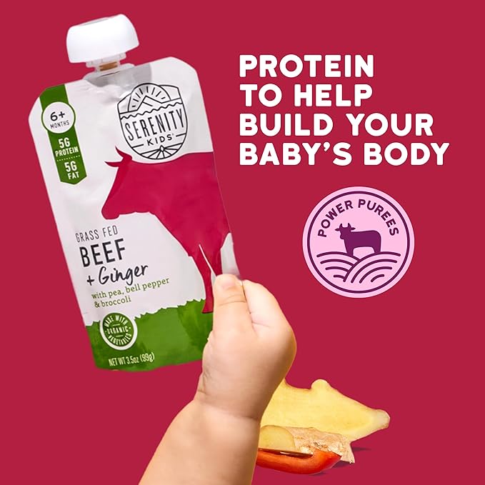 Serenity Kids 6+ Months Beef & Ginger Baby Food Puree Pouches - Grass Fed Beef & Organic Vegetables - Protein-Packed Meat Baby Food - Veggie-Rich Peas & Bell Pepper Blend - 3.5 Oz, 6 Pack