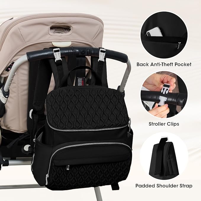 Baby Diaper Bag Backpack, Expandable Baby Bag for Girl Boy, Travel Diaper Backpack with Insulated Pocket, Changing Pad, Quilted Diaper Bag for Mom Dad, Newborn Baby Essentials Must Have Black