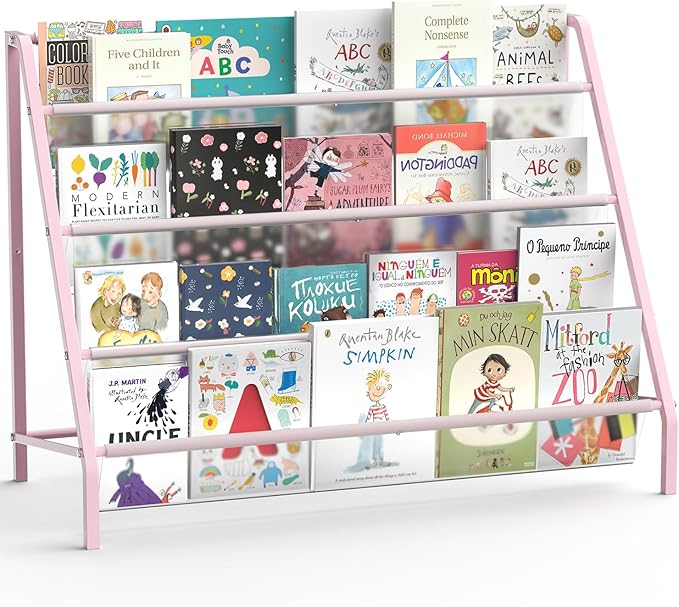 High-Transparent 4 Tier Kids Bookshelf, Sturdy Metal Large Size Book Rack Storage for Kid - Toddler Book Shelf Display for Nurasery, Playroom or Kids Room, Bookshelf Hold More Books - Pink