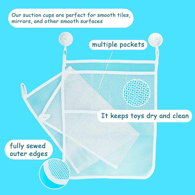 LEEFONE 2 PCS Mesh Bathtub Toy Holder Bag, 18 x 14 Inch Bath Toy Organizer, 4 Ultra Strong Hooks, White