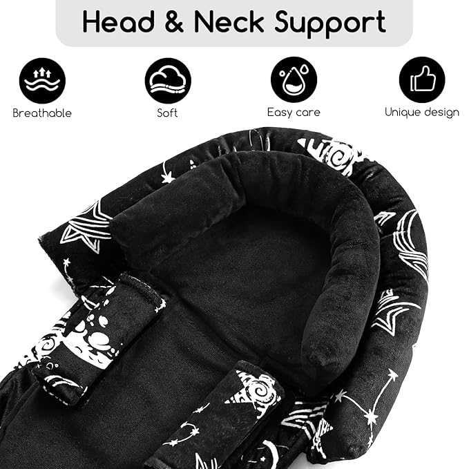 GFU Baby Car Seat Head Support for Newborn, 2 in 1 Infant Car Seat Head Body Support with Strap Pads, Soft Stroller Cushion Pillow Insert for Girls, Fits for Stroller, Swing, Black Star