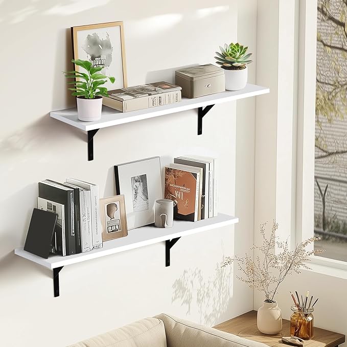 Heavy Duty Long Wall Shelves Set of 2, Floating Shelves Wall Mounted with Industrial Brackets, 40lbs Capacity Shelves for Laundry Room, Kitchen, Bathroom, Living Room (31.5"*8",White)