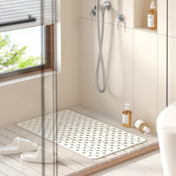 HITSLAM Bathtub Mat Non Slip, 28 x 15 Inch TPE Bath Mat for Tub, Efficient Drainage Bathroom Shower Mat with Suction Cups, Bath Tub Mat, Soft on Feet and Easy to Clean, White