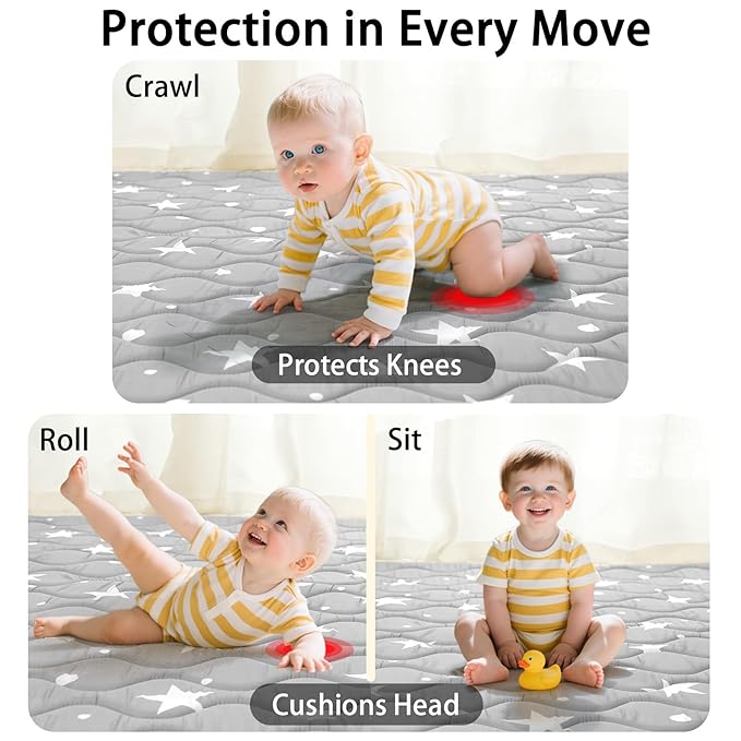 Beavtaens Baby Play Mat, 50x50 Playpen Mat, Thick Soft Foam Playmats for Baby, Foldable and Washable Crawling Mat for Floor (Gray Stars)