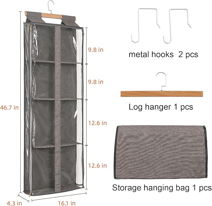 JINOKADI Clear Hanging Handbag Storage Organizer with Zippers, Door Purse Organizer Space Saving 4 Pockets for Closet Bedroom Living Room (Brown)
