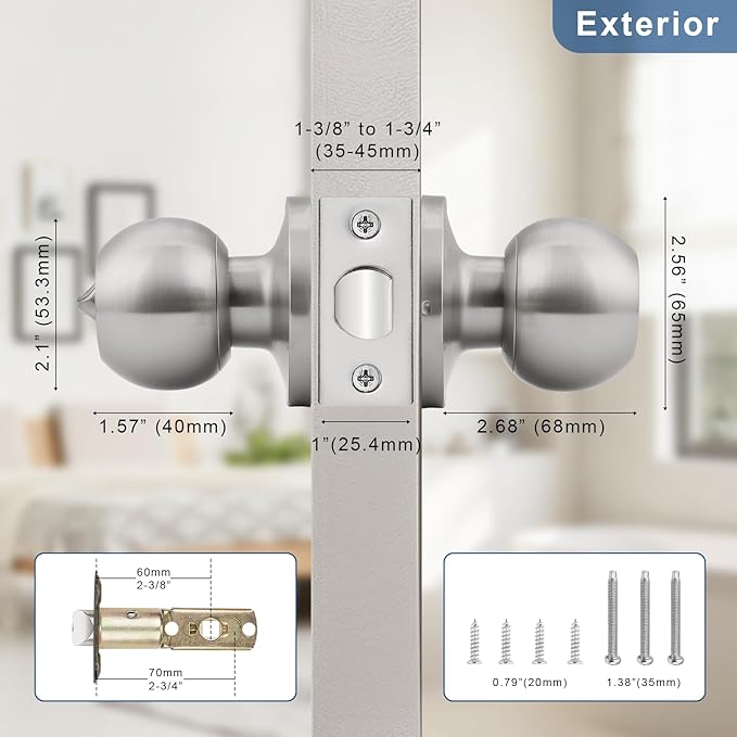 Knobonly 5 Pack Privacy Door Knobs Satin Nickel, Keyless Door Knobs Interior for Bedroom and Bathroom, Round Door Handles Stainless Steel, Classic Design