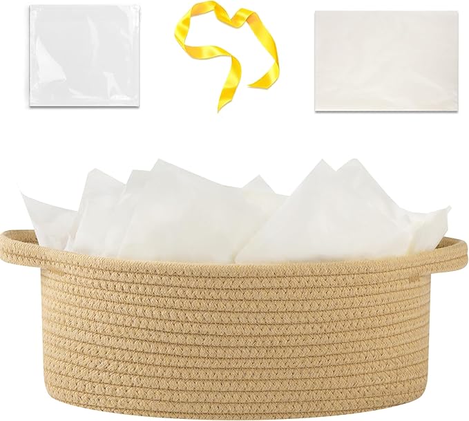 OIAHOMY Gift Basket with Handle, Small Woven Basket with Gift Bag, Ribbon and Wrap Tissue Paper, Nursery Bins Empty to Fill with Small Items, Baby, Pet Toy Organizer - Yellow