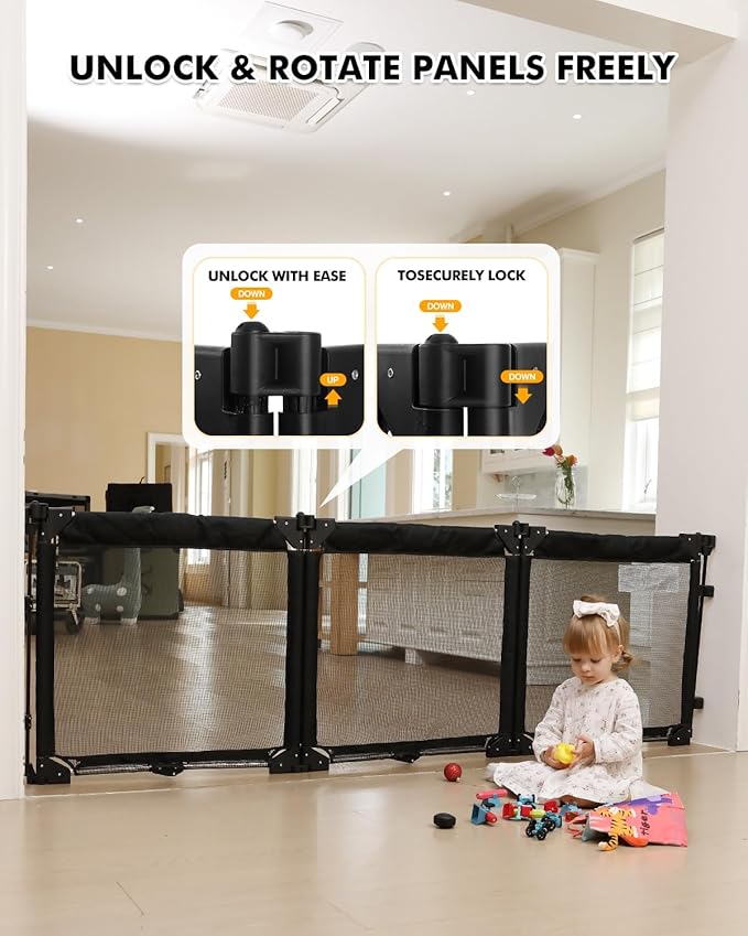 Dearlomum Extra Wide Gate Playpen with Heat-Resistant Mesh, 3 Panel Foldable Fence, Indoor/Outdoor Safety Barrier, Dog Playpen & Fireplace Gate, Black