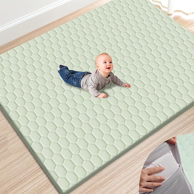 TINYHARBO Premium Foam Baby Play Mat 71" x 59" with Removable Cover, Extra Thick Padding Playpen Mat, Non-Slip Floor Mat, Stylish & Easy to Clean for Crawling Baby, Infants & Toddlers, Green
