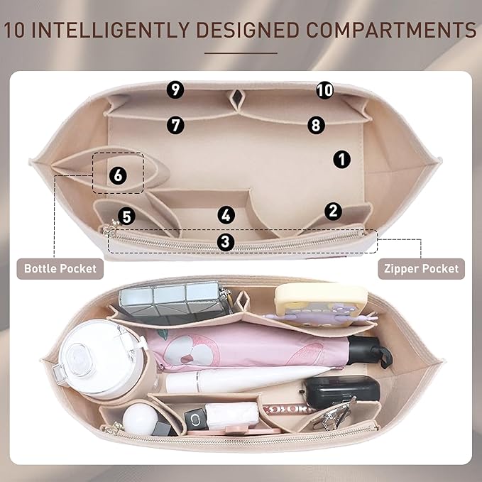 Doxo Purse Organizer Insert Handbag Tote Felt Bag Fit L Neverfull GM & Base Shaper 2pc Set(X-Large,Beige-Combination)