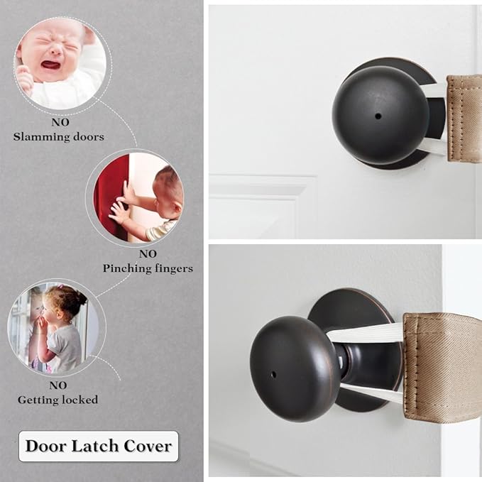 PONY DANCE Baby Door Latch Cover Closer - Nursery Door Silencer with Strong Elastic Straps, Thick Solid Cushion for Noise Reduction, Prevents Slamming, 3 Pieces, 4W x 2L Inches, Mocha