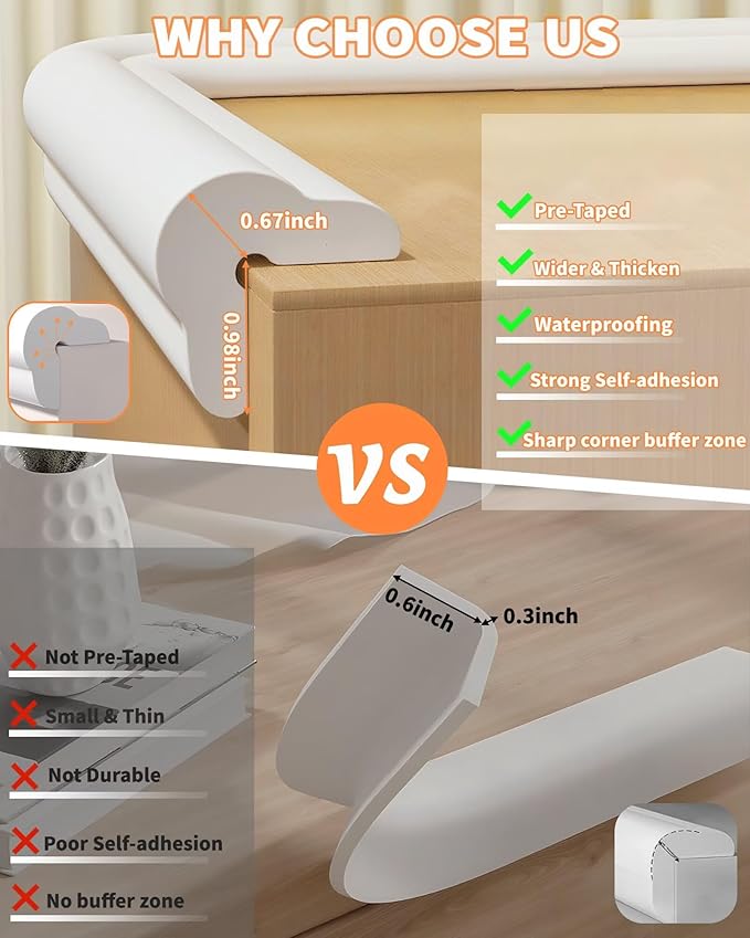 QYV Edge Protector for Baby Proofing, 6.6FT 0.67’’Th L-Shape Air Buffering Soft NBR Rubber Foam Furniture Edge Bumper Guards with 6 Corners, Pre-Taped, Thick Table Bumper Guard for Babies (White-gray)