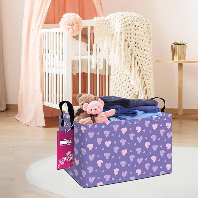 INGHUA Rectangular Storage Basket Fabric Organizer Bin for Toys,Books,Clothes,Gifts,Pets-Perfect for Home,Office,Nursery,Dorm,Shelf(Rec-Purple hearts)
