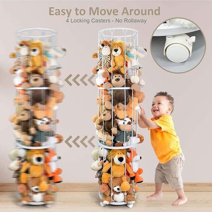 BENCHRY Stuffed Animal Storage Zoo Plushies Toy Storage Organizer, Metal Tube Stuffed Animal Holder with Brake Wheels, Space Saving Plush Toy Holder for Playroom Bedroom Nursery (White)