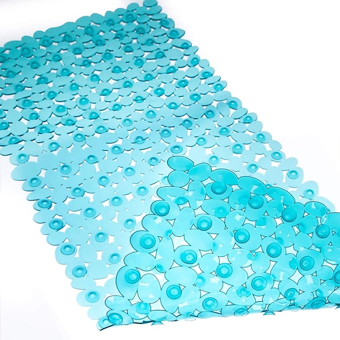 Bath Tub and Shower Mats, Non-Slip Pebble 35 x 16 Inches Machine Washable Bathtub Mat with Drain Holes, Suction Cups for Bathroom (Clear Teal)