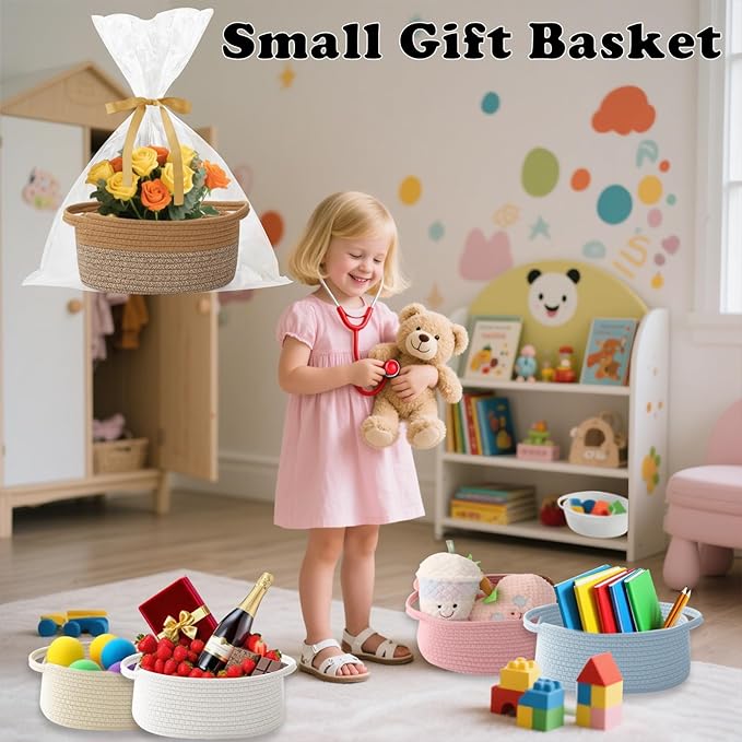 Small Woven Rope Basket-Empty Gifts Basket with Bag and Ribbons,Cute Handle Organizer Box for Birthday/Baby Shower, Toy Storage, Nursery Organizing & Shelf Decor(Jute&Mixed Brown)