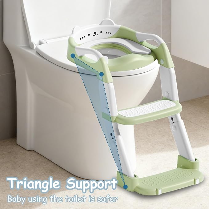 3-in-1 Baby Potty Training Seat with 2 Step Ladder, Splash Guard Anti-Slip Pad, Height Adjustable Toddler Toilet Seat with Soft Cushion for Kids Boys Girls(Green)