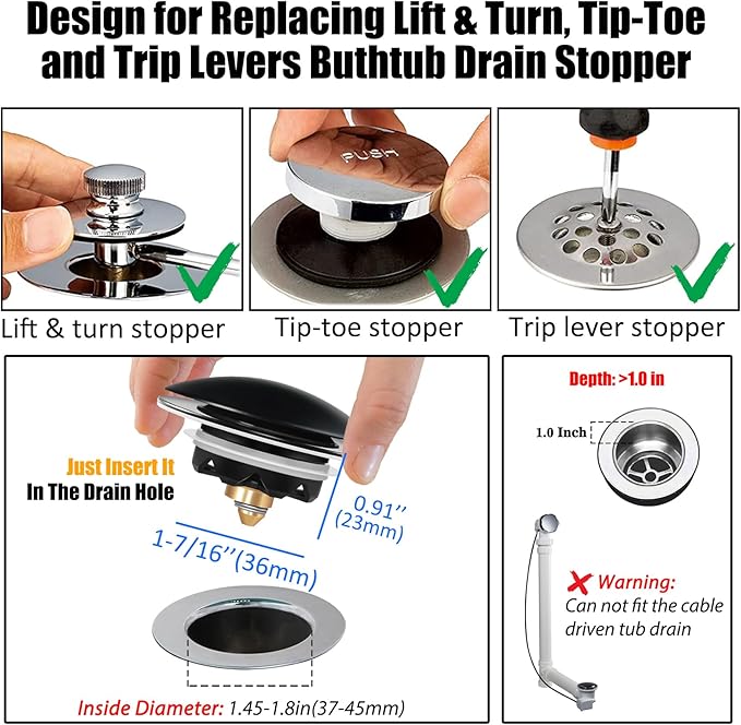 Bathtub Drain Stopper, Pop Up Tub Stopper and Cover, Bottom with Hair Catcher, Universal for 1.45 to 1.8in Drain, Replaces Old Drain Plug, Matte Black