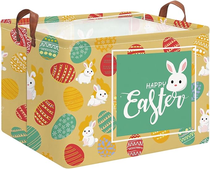 HKEC Rectangle Storage Basket with Handles,Collapsible Storage Bin,Books Box,Gift Basket(Happy Easter)