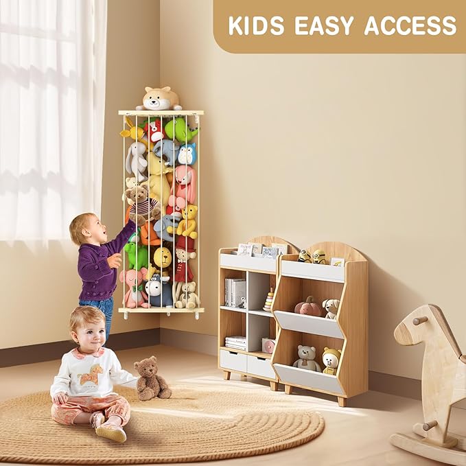 Stuffed Animal Storage Shelf Organizer(Patented) - Corner Stuffed Animal Holder Length Adjustable - Wall Plush Storage for Nursery Playroom Bedroom Kids Room (Beige, Standard)