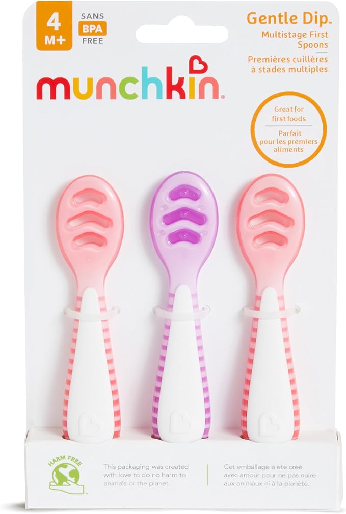 Munchkin® Gentle Dip™ Baby Spoons for Self Feeding and Baby Led Weaning, 3 Pack, Pink/Purple