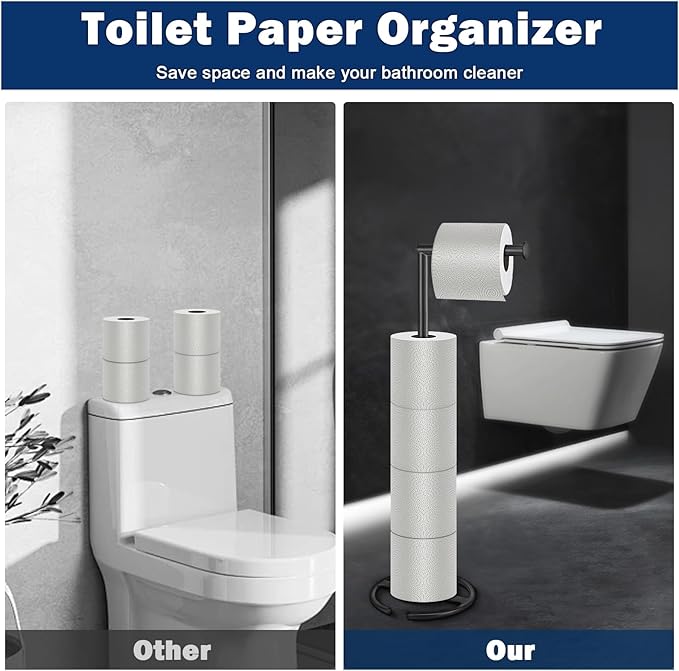 NearMoon Bath Toilet Paper Holder Stand- Modern Tissue Roll Holder Standing with Balanced Base, Rustproof Toilet Roll Holder for Bathroom/Kitchen Countertop (Matte Black, Metal Base)