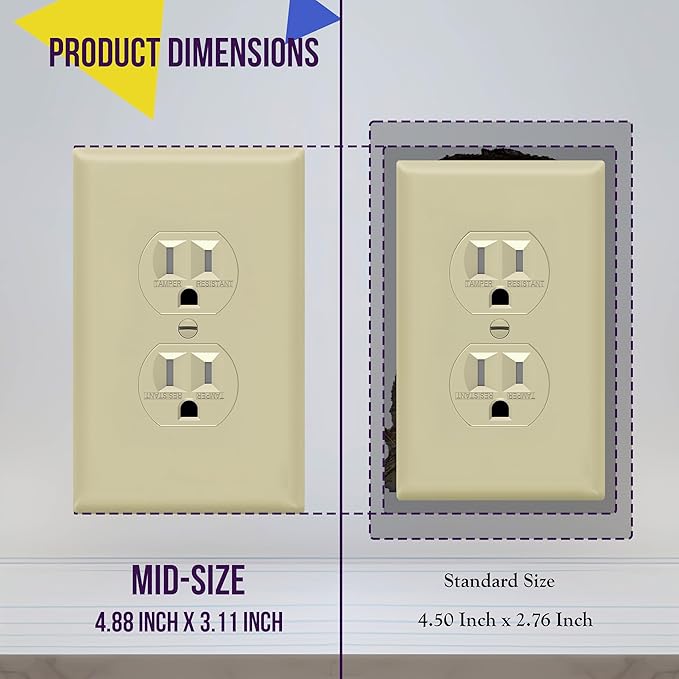 ENERLITES Duplex Receptacle Outlet Wall Plate, Midway Size 1-Gang 4.88" x 3.11", Unbreakable Polycarbonate Thermoplastic, 8821M-I, Ivory