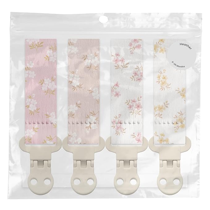Stadela Baby Fabric Pacifier Clip Holder, Plastic Clip, 4‑Pack, Wildflower Pattern, Heather Set