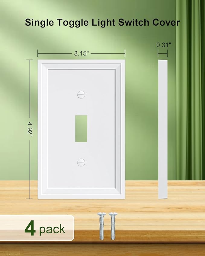 4-Pack Single Toggle Light Switch Covers Wall Plate, Pure White Decorative Switch Plate Covers, 1 Gang Natural Bamboo Fiber Wall Plate, Corrosion Resistant