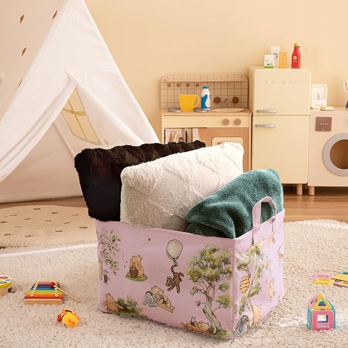 Sweet Baby Classic Winnie Pooh Storage Nursery Basket With Hard Bottom Large Square Canvas Cotton Laundry Hamper Bin Waterproof Foldable Bathroom and Bedroom Stuff Clothes Toys Vintage Decor (Pink)