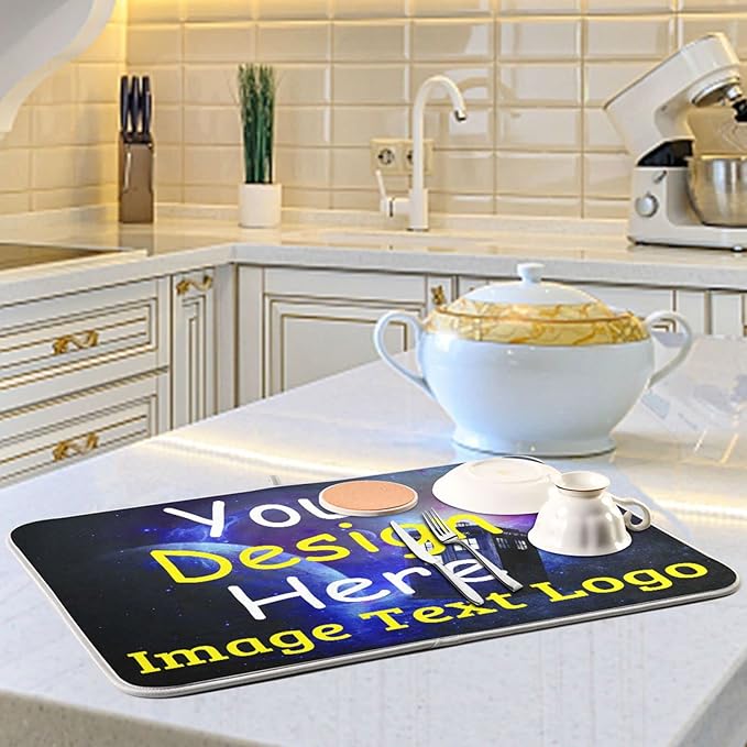 Starry Personalized Dish Drying Mat for Kitchen Counter, Custom Drying Pad with Image Logo Text, Drainer Mats for Countertop for Travel Festivals Family Memories, Small 16" x 18"