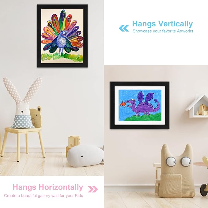 2-Pack Kids Art Frames, 11x14 Front Opening Kids Artwork Frames Changeable, Displays 9x12 With Mat and 11x14 Without Mat, Holds 50 Pcs, for 3D Picture, Crafts, Children Drawing, Hanging Art, Portfolio