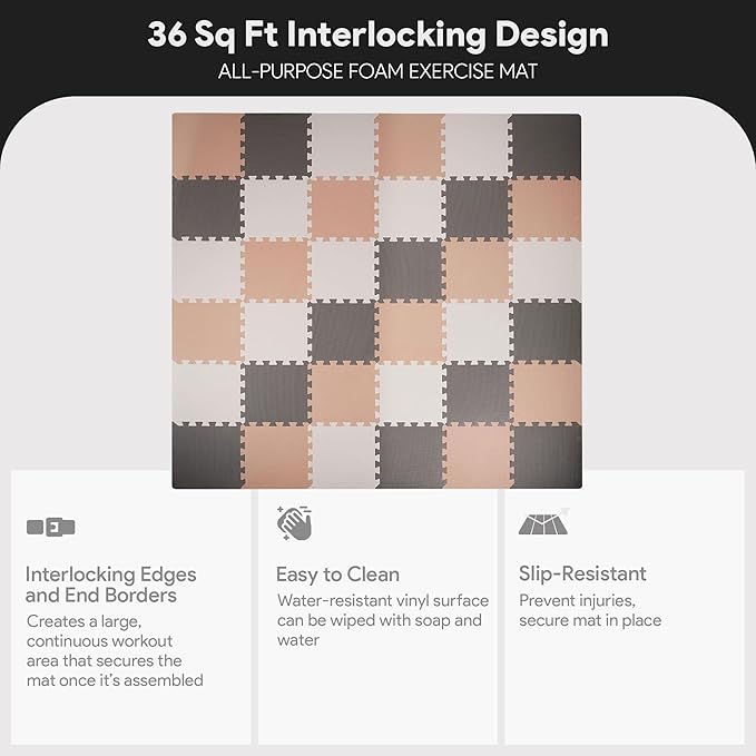 BalanceFrom Foam Floor Tiles for Kids - Non-Toxic Comfortable Baby Play Mat and Interlocking Foam Tiles for Crawling & Development, Soft Play Mat for Babies, 36 Tiles Cover 36 SQ SF