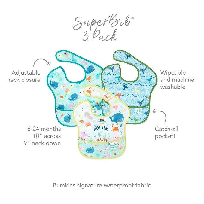 Bumkins Bibs for Girl or Boy, SuperBib Baby and Toddler 6-24 Months, Essential Must Have for Eating, Feeding, Baby Led Weaning Supplies, Mess Saving Catch Food, Waterproof Fabric 3-pk Blue Ocean Life