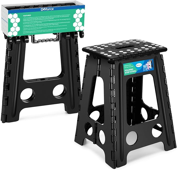 Dyforce 17.5 Inch Folding Step Stool 400lbs Capacity Sturdy Plastic Foldable Step Stools for Adults Stepping Stool with Handle Easy to Carry Handle Folding Stool Ideal for Kitchen (Black 1PC)