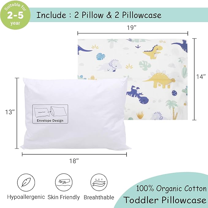 ZPECC Toddler Pillow with Pillowcase - Organic Cotton Hypoallergenic Kids Pillow, Baby Essentials for Travel Crib Daycare Stroller (Intended for Age 2 and up) (Dinosaur, 2 Piece Set 13“x18”)