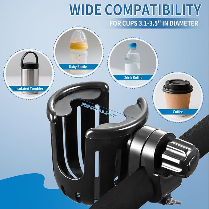 Stroller Cup Holder Compatible with Bob, Clip on Cupholder Attachment for Stroller, Cup Holder with Adjustable Clamp, Fits Most Cups, for Wheelchair, Walker, Bike, Scooter, Black