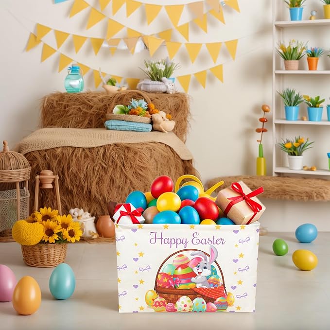 ASKETAM Easter Basket for Kid Large Empty Baby Rectangular Cute Easter Gift Storage Basket Bunny Eggs Décor (Rabbit Purple Bow Tie)