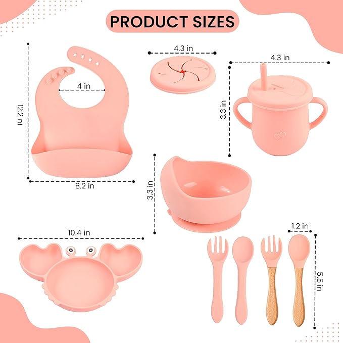 Silicone Baby Feeding Set 14 Pcs | Baby Led Weaning Supplies | Baby Spoons Suction Bowl Divided Plate Bib Cup | First Stage Solid Food Eating Utensils - 6+ Months (Pink)