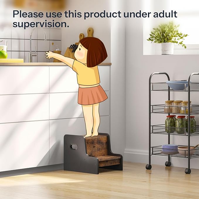 HOOBRO Step Stool for Kids, Two Step Toddler's Stool, Kids Potty Training Stool with Handles, Non-Slip Pads for Safety, Easy to Move, for Sink, Bathroom, Bedroom, Rustic Brown BF01JD01G1