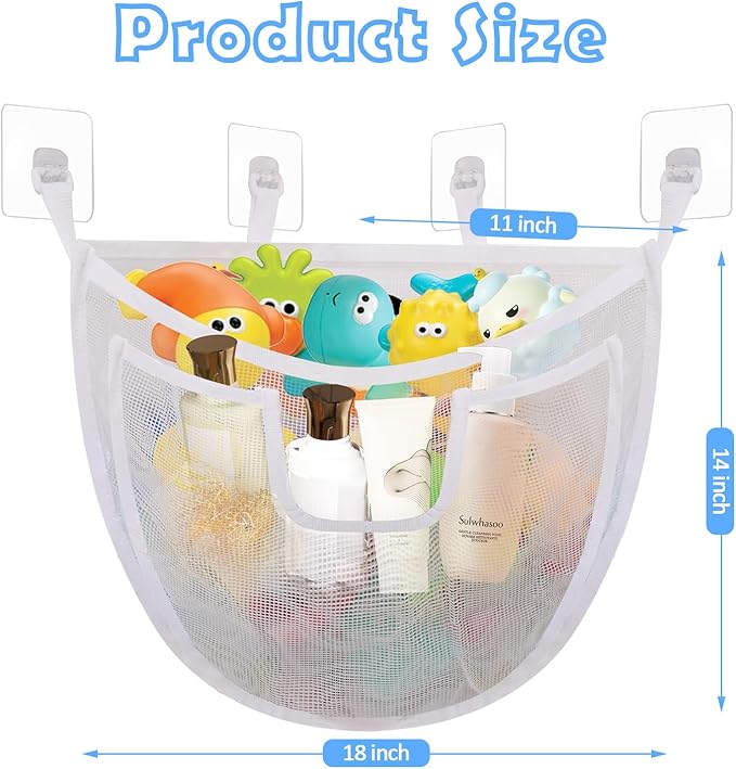 Bath Toy Storage, Large Capacity Bath Toy Holder with Bottom Zipper, Quick Release Bathtub Toy Storage with Large Pocket, Corner Mesh Bath Toy Organizer Basket Bin for Bathroom Toys - White