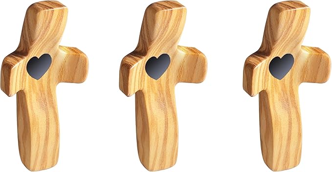 Encouragement Gift Wooden Cross My Heart Fingertip Stress Relief Gifts Small Wood Pocket Cross Christmas Gift Handheld (Olive 3pcs)