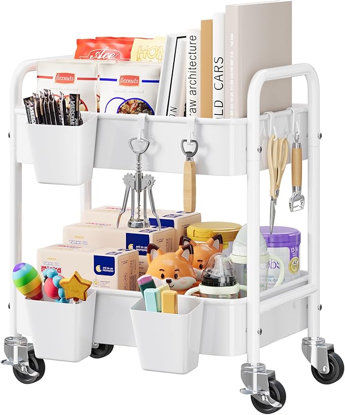 2 Tier All-Metal Rolling Cart, Rolling Storage Cart with Handle and Locking Wheels Kitchen Cart Laundry Office Bathroom Storage Organizer Cart, White