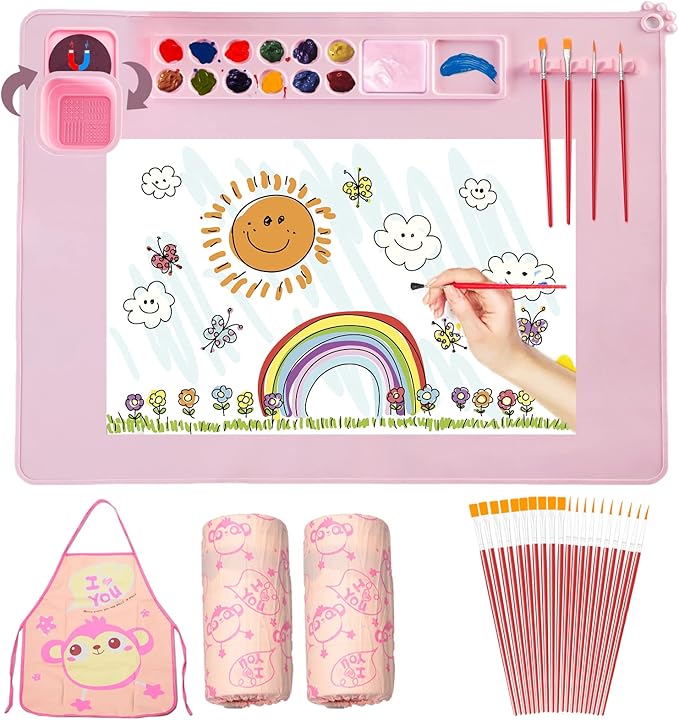 Lymoc Silicone Painting Mat,Painting Stations Kit [1x Apron,1 Pair Oversleeve,20 Pieces Brushes] Craft Silicone Mats 21"X17" with Detachable Cup for Kids Gift,Paint, Clay, DIY Projects
