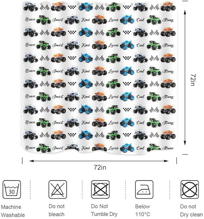 Kids Monster Truck Shower Curtain Cool Boys Cartoon Cars Inspirational Motivational Words Blue Green Orange Bathroom Decor Waterproof Fabric 72Lx72W inch with 12PCS Hooks