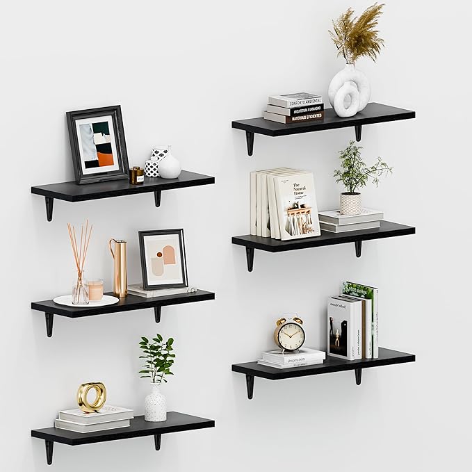 SKYSEN Floating Shelves for Wall Set of 6, 15.7in Wood Wall Shelf for Decor, Bathroom, Bedroom, Storage, Book,Kitchen, Living Room - Black(fs-40-b)
