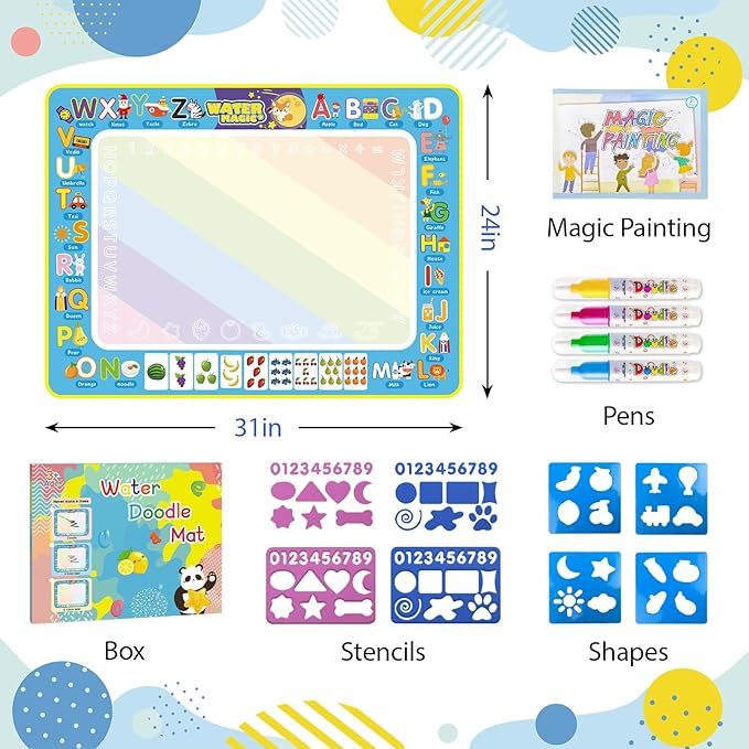 Water Doodle Mat Kids Mess Free Coloring Doodle Mat Educational Toys for 3 4 5 6 7 8 Years Old with Magic Pens Educational Toys Toddler Boys Girls Christmas Birthday Holiday Present