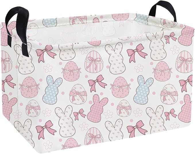 Essme Rectangular Easter Baskets,Kids Storage Box,Pink Easter Basket for Girls with Handles for Room Decor, Book Bins,Shelf Basket.(Bowknot eggs)