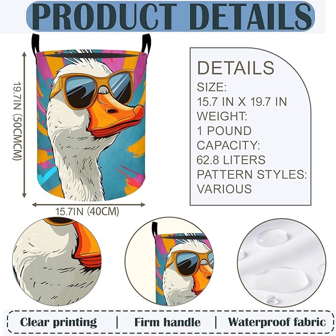 Duck Laundry Basket Hamper 19.7"x15.8", Funny Cartoon Animal Foldable Waterproof Oxford Clothes Storage Bucket for Room Bathroom Bedroom Nursery Decor, Toy Organizer Bins Gifts for Kids Boys Girls