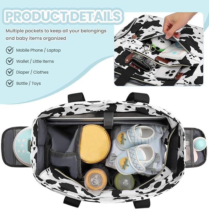 Pritent Diaper Bag Tote for Working Mom, Large Travel Diaper Tote for Mom and Dad with 14 Inch Laptop Sleeve, Mommy Maternity Travel Baby Bag for Boys and Girls, Cowprint